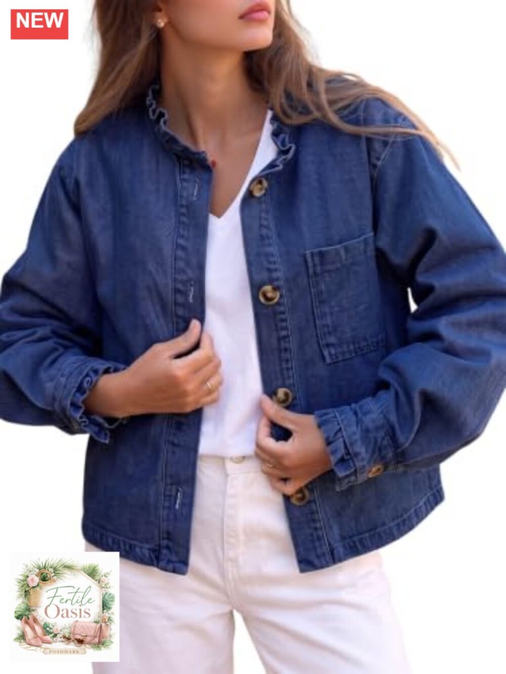 Women's Denim Button Down Shirt with Ruffle Neck & Chest Pocket